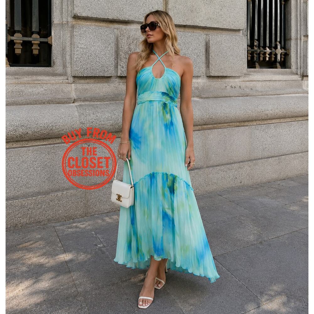 Mango NWT Blue Watercolor Halter Pleated Maxi Dress 6 8 - Picture 10 of 16